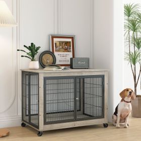 Furniture Style Dog Crate Side Table on Wheels with Double Doors and Lift Top. (Color: Grey)